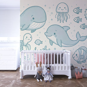 Underwater adventure mural wallpaper creating magical kids bedroom decor with sea creatures