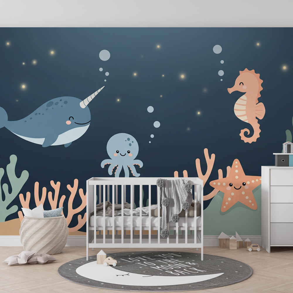 Marine adventure mural wallpaper creating underwater theme in children's bedroom with blue and pink tones