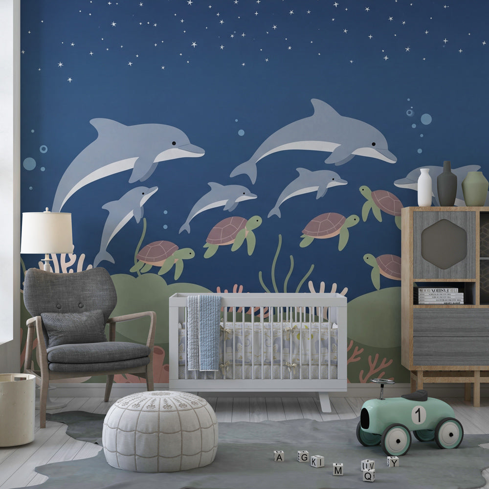 Underwater themed mural wallpaper creating magical ocean atmosphere in kids bedroom
