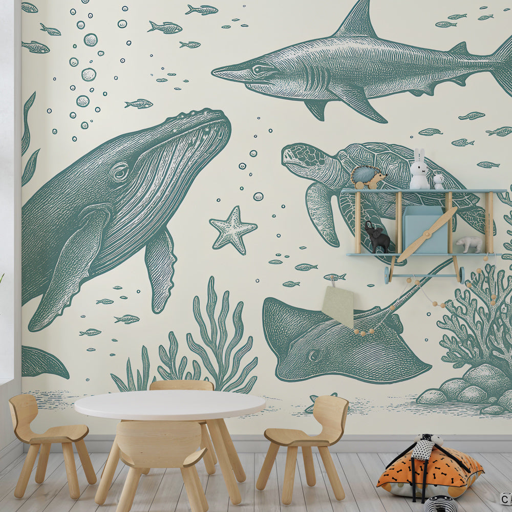 Marine life mural wallpaper in children's bedroom featuring sharks, turtles and coral reef design
