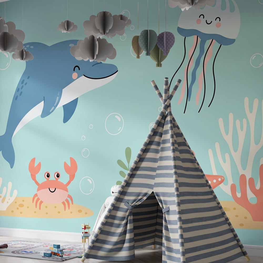 Marine life mural wallpaper transforming children's playroom into underwater paradise by Kids-Mundo
