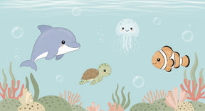 Detailed ocean animals mural wallpaper design pattern featuring dolphins, turtles and coral by Kids-Mundo