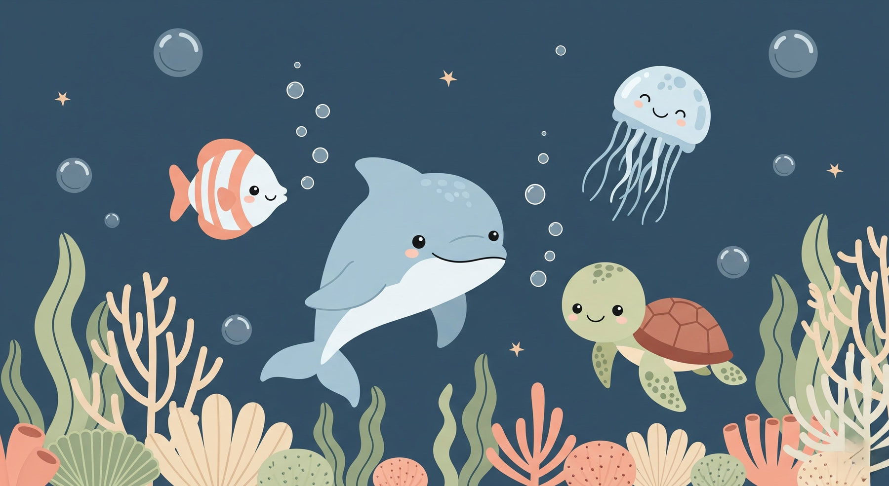 Detailed ocean animals mural wallpaper design pattern with dolphin and sea creatures by Kids-Mundo