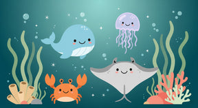 Detailed ocean animals mural wallpaper design pattern showing whale, crab, jellyfish by Kids-Mundo