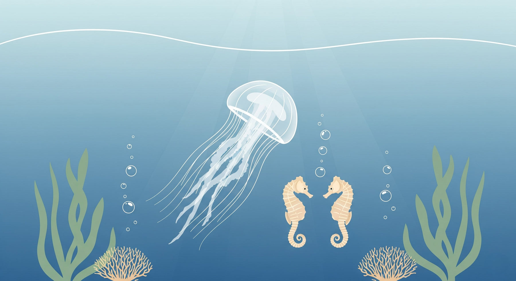 Detailed ocean animals mural wallpaper design pattern with jellyfish and seahorses by Kids-Mundo