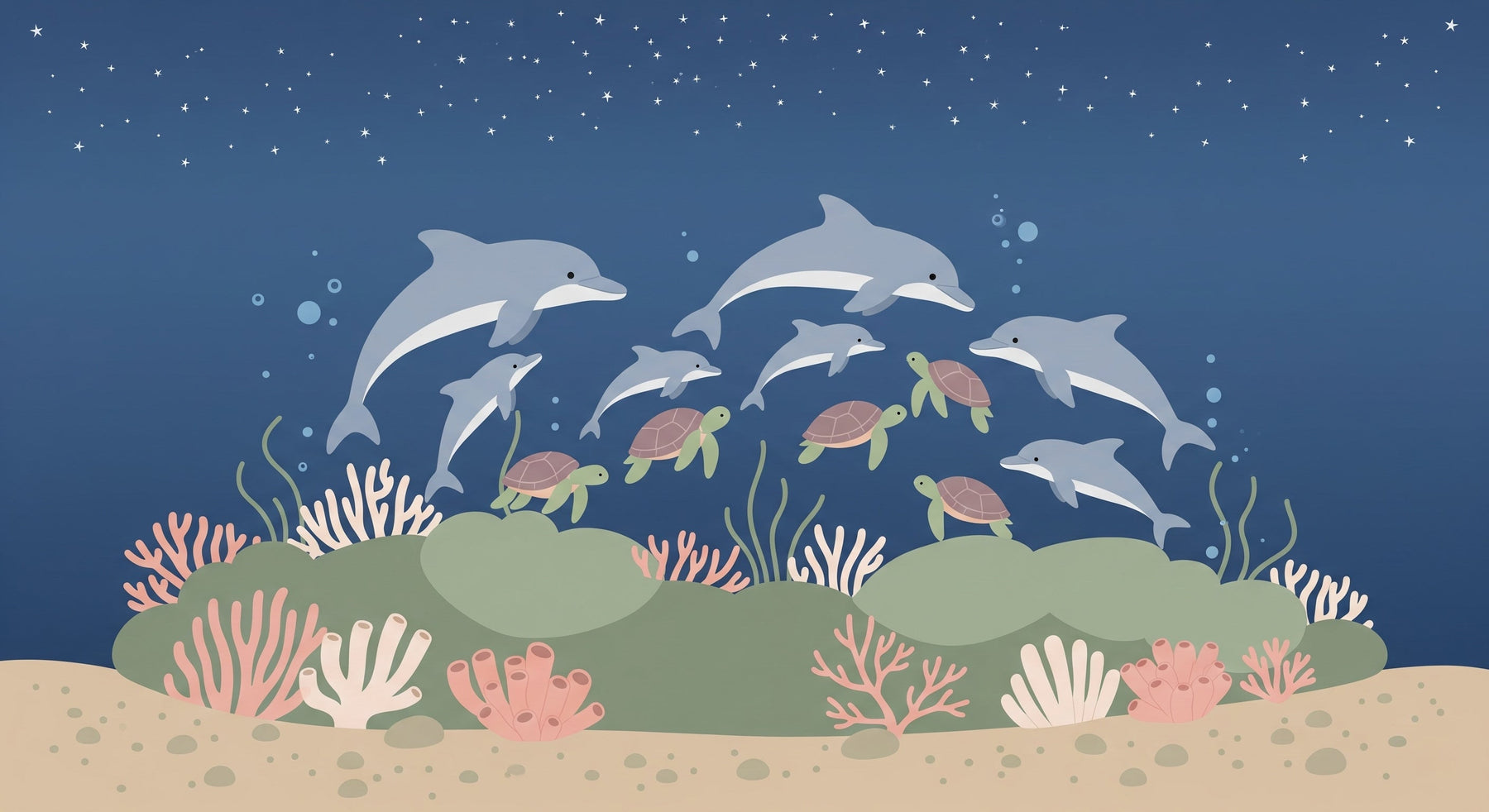 Detailed ocean animals mural wallpaper design pattern with dolphins and sea turtles by Kids-Mundo