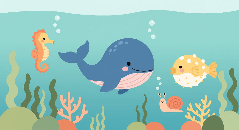 Detailed ocean animals mural wallpaper design pattern featuring whale seahorse and marine creatures by Kids-Mundo