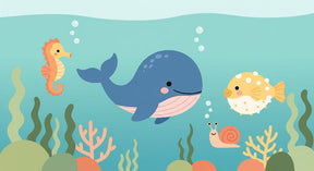 Detailed ocean animals mural wallpaper design pattern featuring whale seahorse and marine creatures by Kids-Mundo