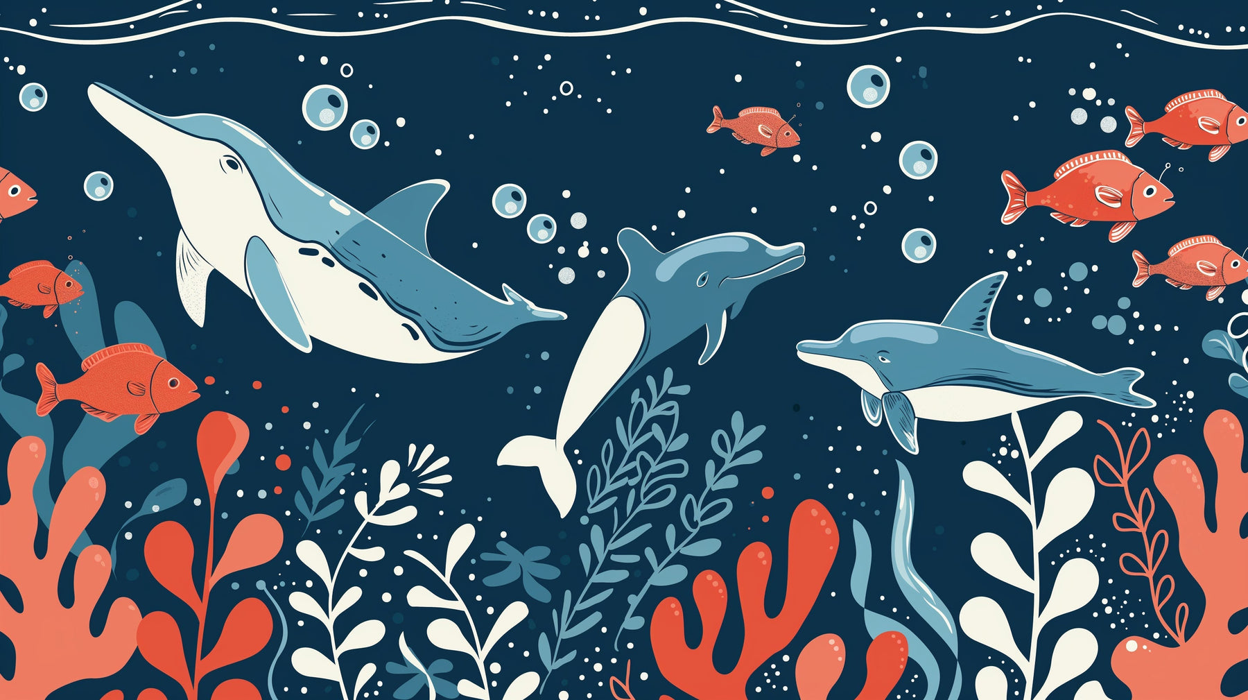 Detailed ocean animals mural wallpaper design pattern showing dolphins and tropical fish by Kids-Mundo