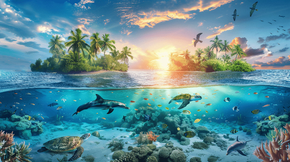 Detailed ocean animals mural wallpaper design pattern with dolphins and tropical islands by Kids-Mundo