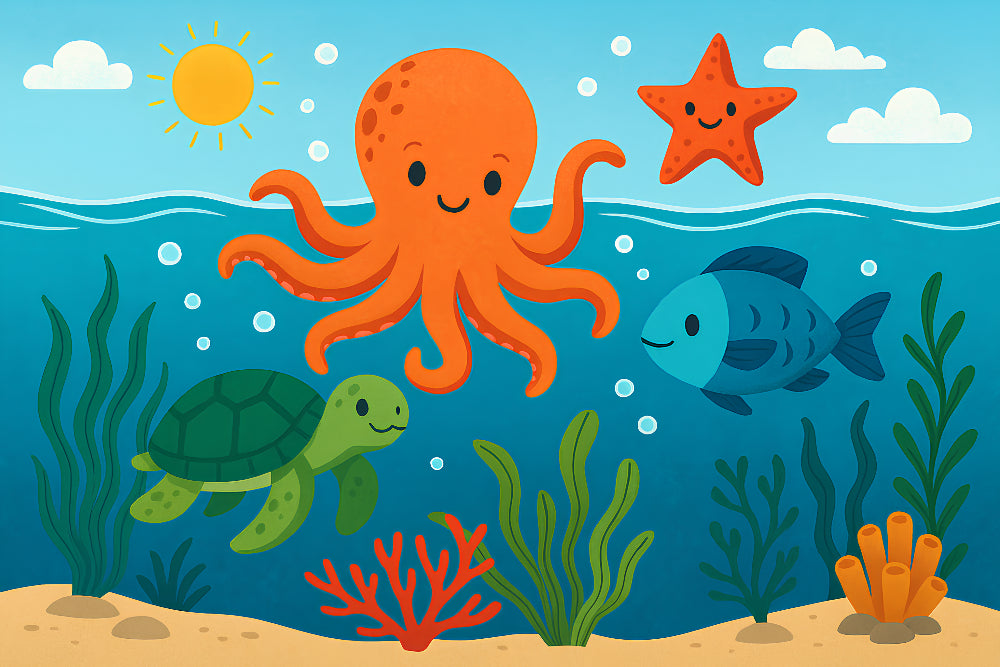 Detailed ocean animals mural wallpaper design pattern with octopus and underwater scene by Kids-Mundo