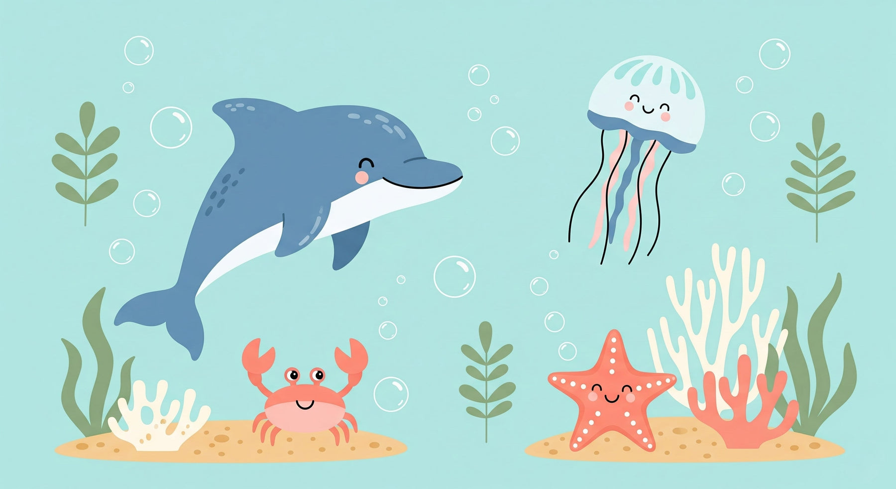 Detailed ocean animals mural wallpaper design pattern with dolphins, jellyfish and sea creatures by Kids-Mundo