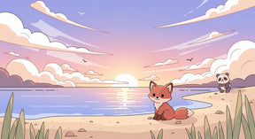 Detailed fox and panda beach sunset mural wallpaper design pattern by Kids-Mundo