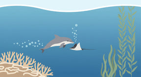 Detailed ocean animals mural wallpaper design pattern with dolphin ray and coral by Kids-Mundo