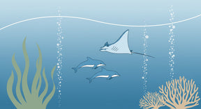 Detailed ocean animals mural wallpaper design pattern with dolphins and rays by Kids-Mundo