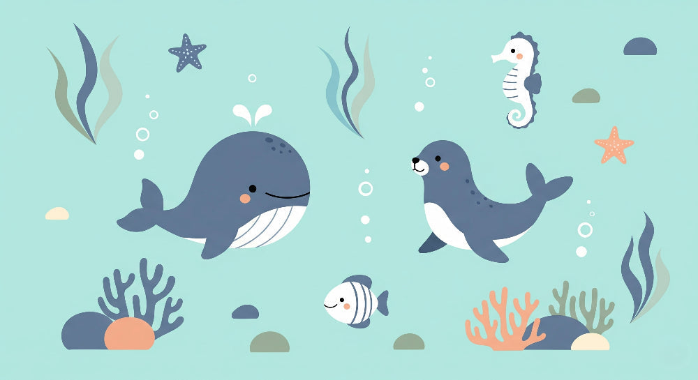 Detailed ocean animals mural wallpaper design pattern with whale, seal, and seahorse by Kids-Mundo