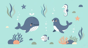 Detailed ocean animals mural wallpaper design pattern with whale, seal, and seahorse by Kids-Mundo