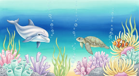 Detailed ocean animals mural wallpaper design pattern with dolphins, turtles and coral by Kids-Mundo