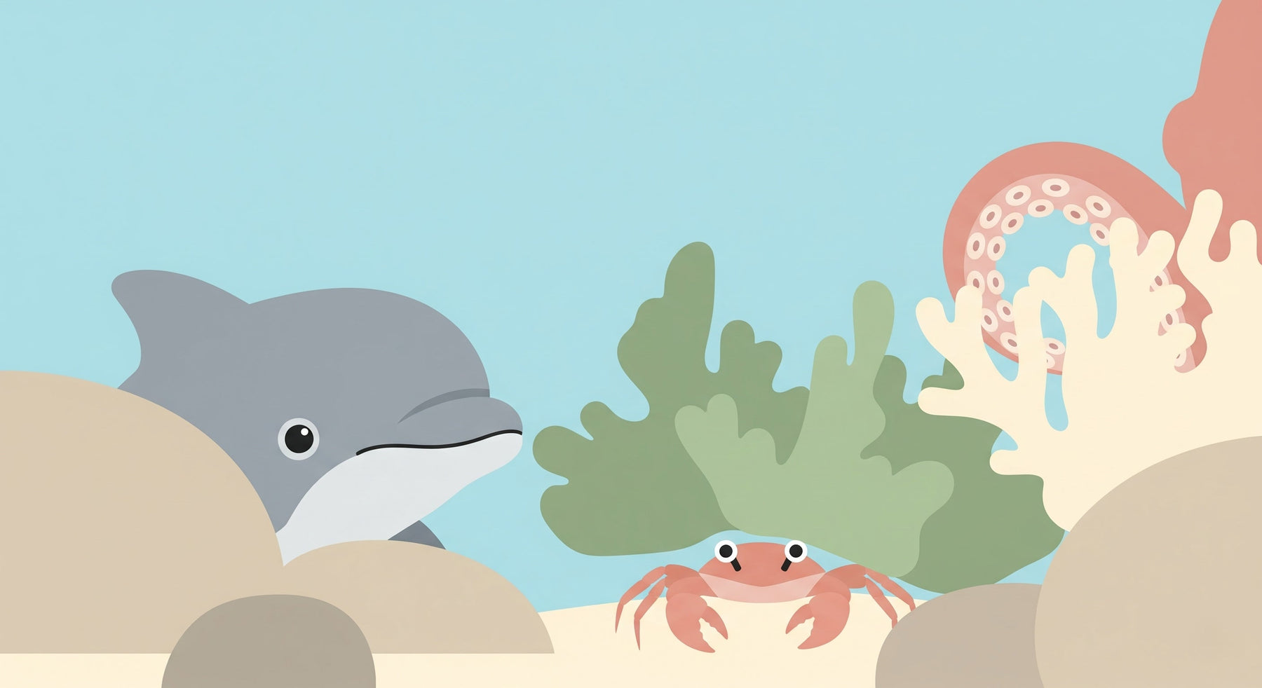 Detailed ocean animals mural wallpaper design pattern with dolphins, crabs and coral by Kids-Mundo