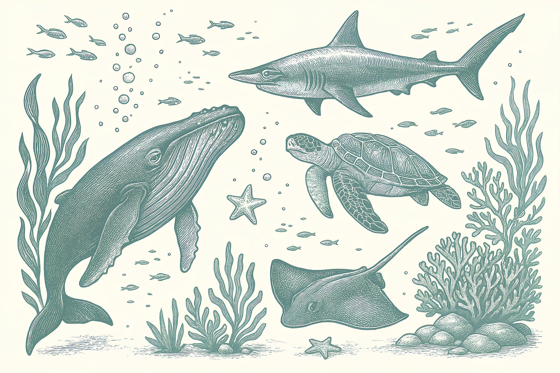 Detailed ocean animals mural wallpaper design pattern showing whales, fish, and marine creatures by Kids-Mundo