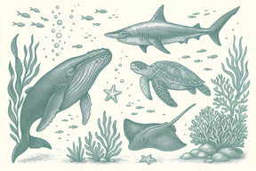 Detailed ocean animals mural wallpaper design pattern showing whales, fish, and marine creatures by Kids-Mundo