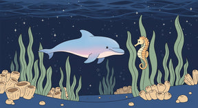 Detailed ocean animals mural wallpaper design pattern with dolphin and seahorse by Kids-Mundo