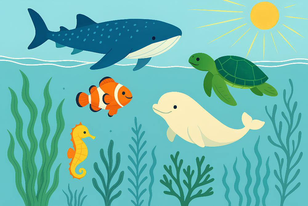 Detailed ocean animals mural wallpaper design pattern featuring whale shark and marine life by Kids-Mundo