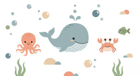 Detailed ocean animals mural wallpaper design pattern showing whale octopus and crab by Kids-Mundo