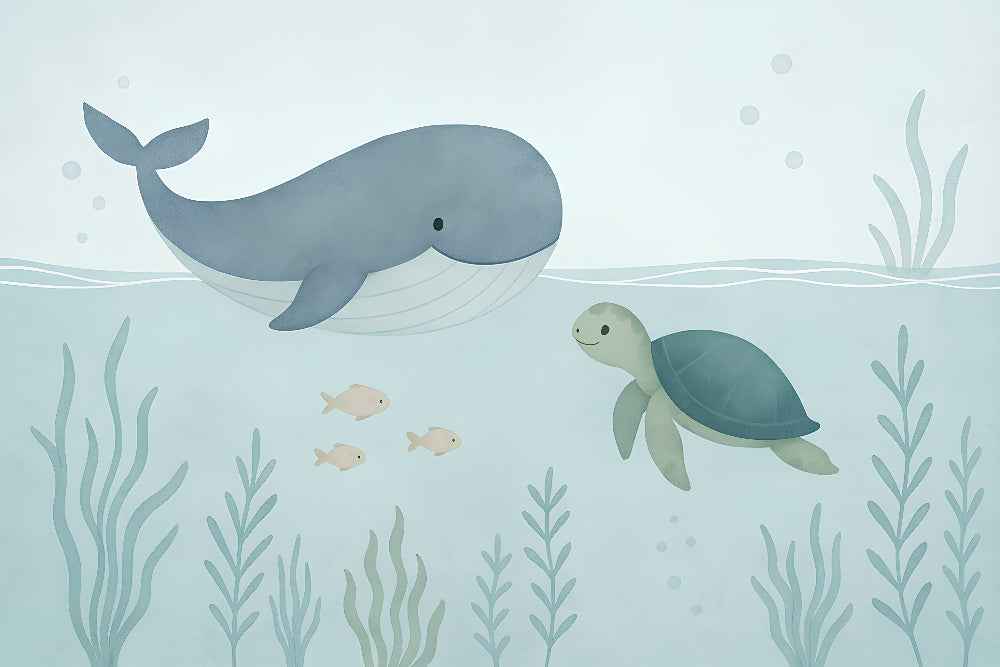Detailed ocean animals mural wallpaper design pattern with whale and turtle by Kids-Mundo