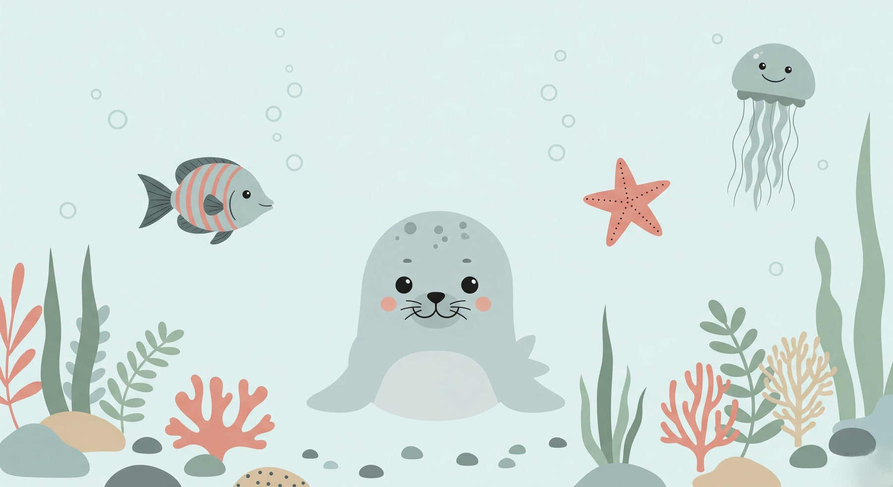Detailed ocean animals mural wallpaper design pattern with seal and marine creatures by Kids-Mundo