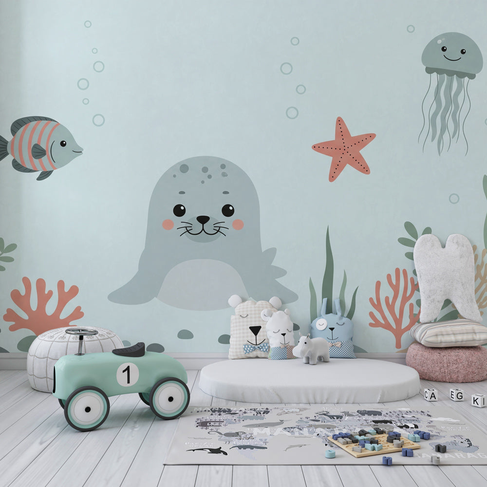 Marine themed wallpaper creating underwater adventure in children's bedroom decor