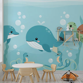 Underwater adventure wallpaper creating magical marine theme in children's bedroom