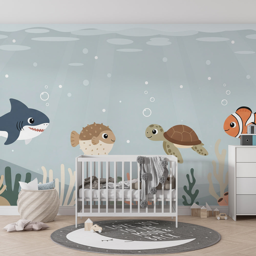 Underwater sea creatures wallpaper in modern children's bedroom interior design