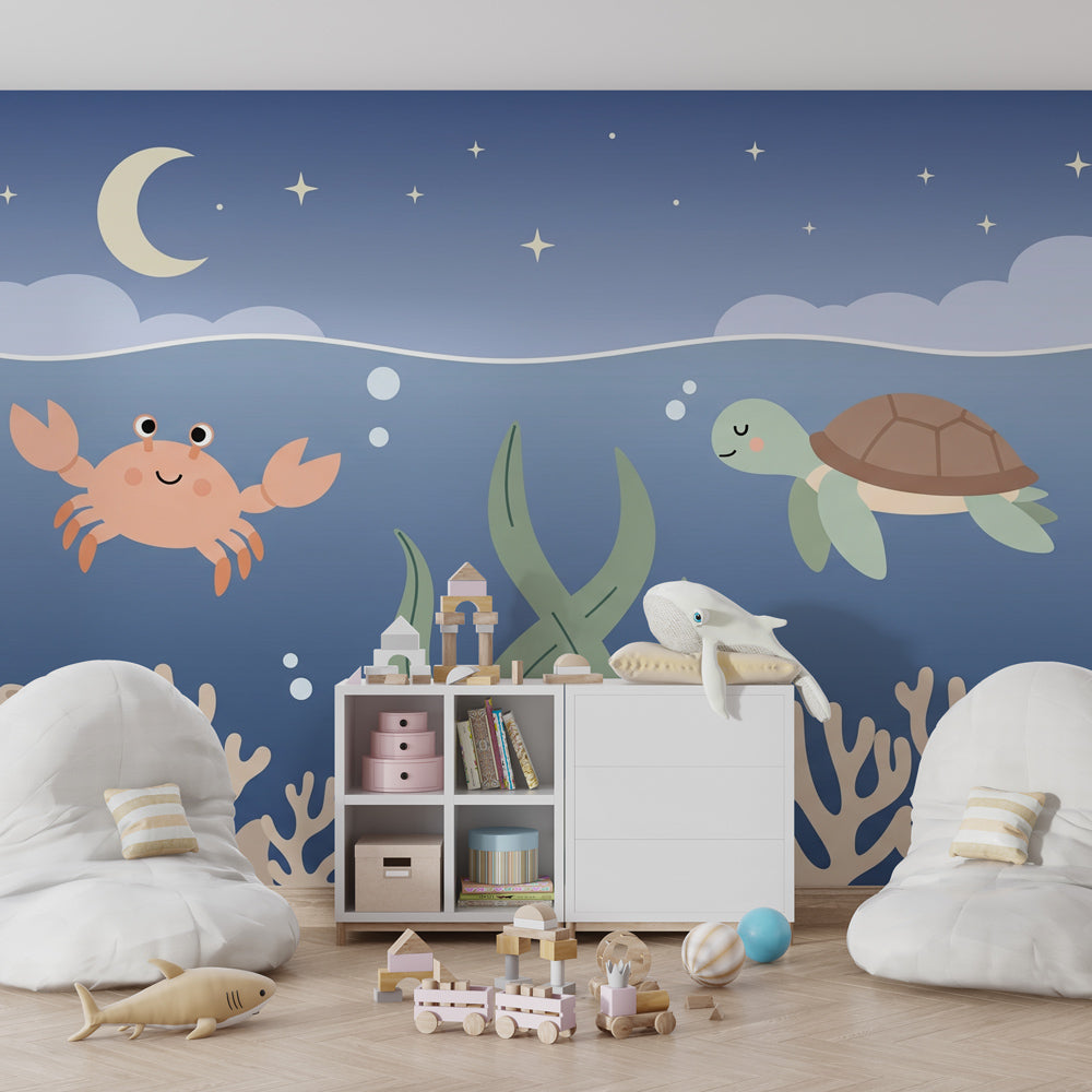Marine themed mural wallpaper with moon and stars for children's room by Kids-Mundo