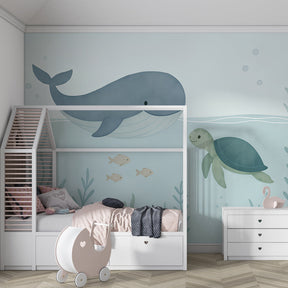 Marine themed mural wallpaper with gentle sea creatures for kids room decor