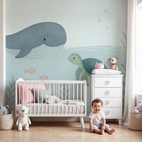 Ocean animals mural wallpaper with whale and turtle in peaceful nursery by Kids-Mundo
