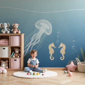 Ocean animals mural wallpaper with jellyfish and seahorses in peaceful nursery by Kids-Mundo