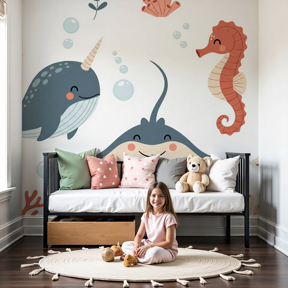 Ocean animals mural wallpaper in modern nursery with marine creatures by Kids-Mundo