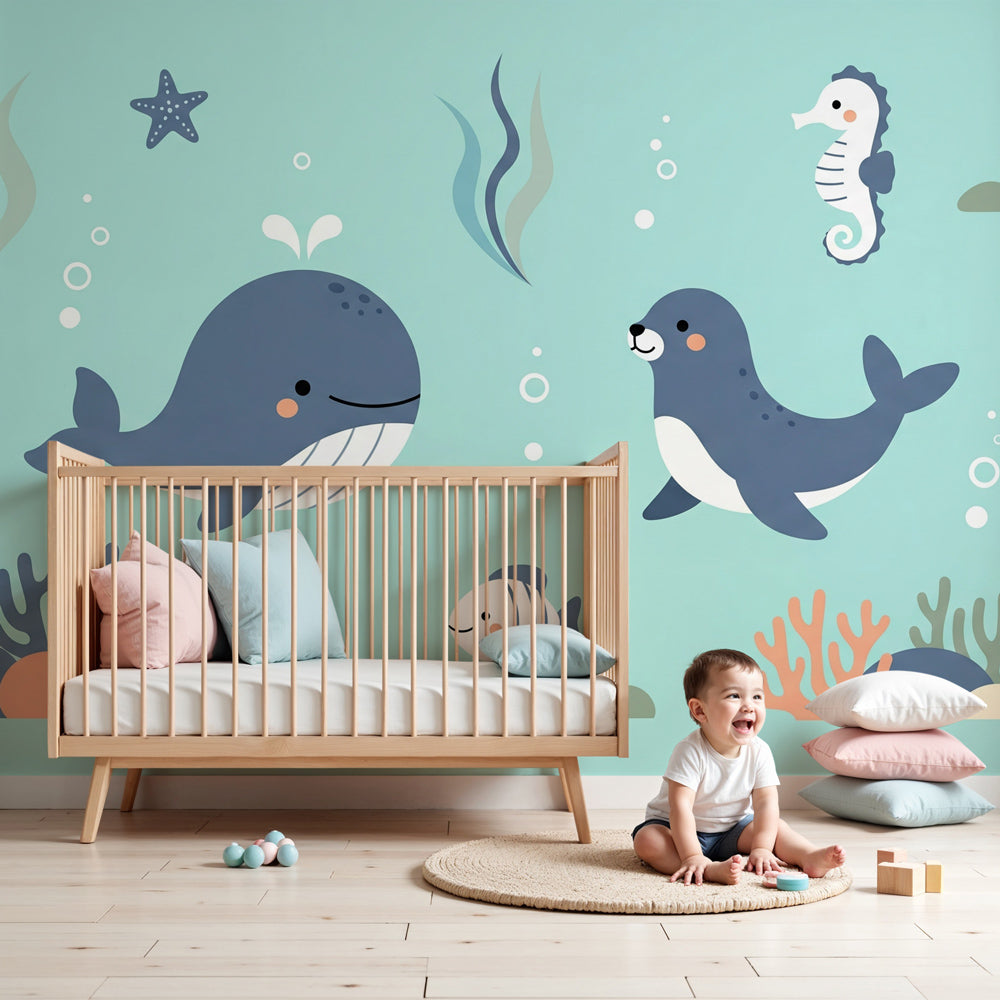 Ocean animals mural wallpaper in modern nursery with whale and seahorse design by Kids-Mundo