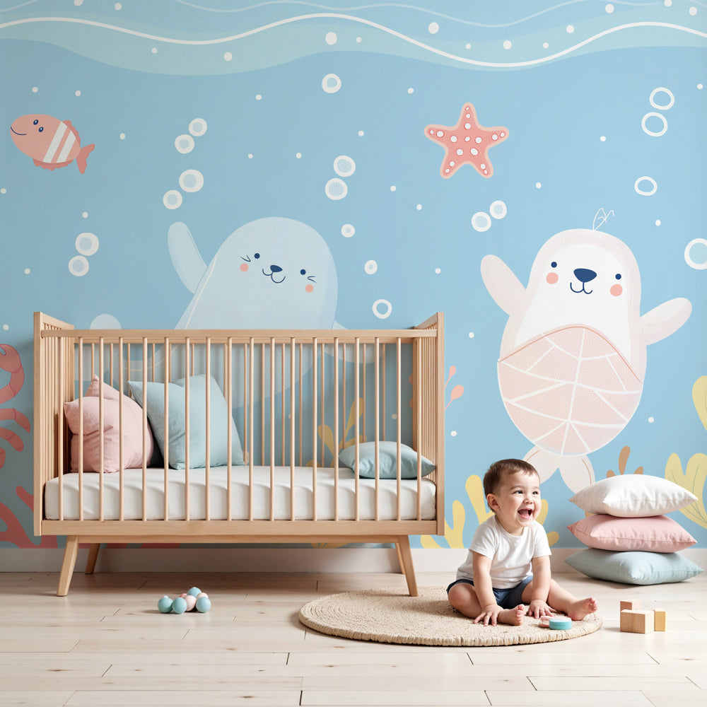 Ocean animals mural wallpaper with seal and turtle in modern nursery room by Kids-Mundo