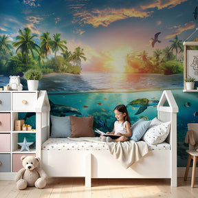 Ocean animals mural wallpaper with dolphins and sea turtles in modern nursery by Kids-Mundo
