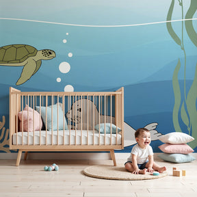 Ocean animals mural wallpaper with turtle and seal in modern nursery by Kids-Mundo