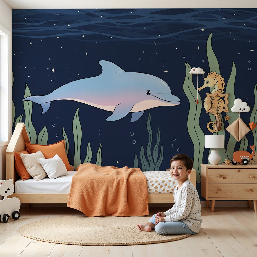 Ocean animals mural wallpaper with dolphin and seahorse in modern nursery by Kids-Mundo