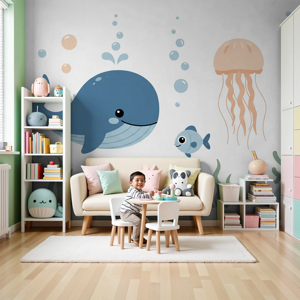 Ocean animals mural wallpaper with whale and sea creatures in modern nursery by Kids-Mundo