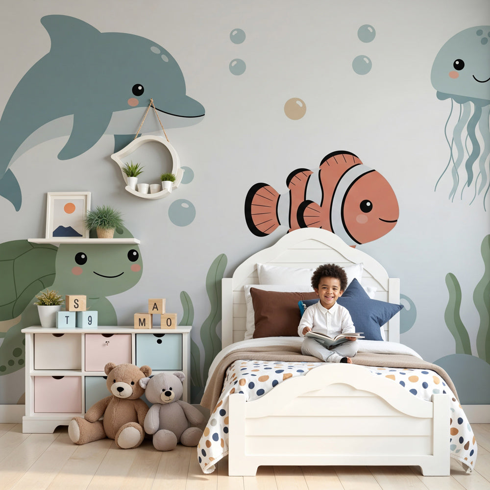 Ocean animals mural wallpaper creating underwater themed nursery with marine life by Kids-Mundo