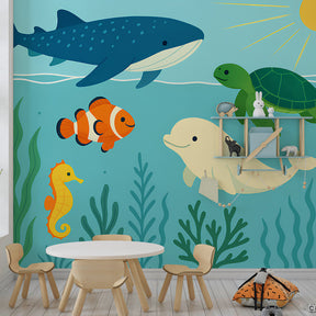 Underwater adventure wallpaper creating calming nursery atmosphere with marine life theme