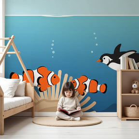 Ocean animals mural wallpaper with clownfish and penguin in modern nursery room by Kids-Mundo