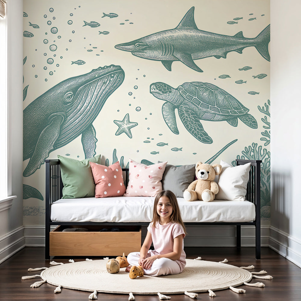 Ocean animals mural wallpaper creating underwater themed nursery with whale and marine life by Kids-Mundo