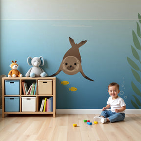 Ocean animals mural wallpaper featuring sea otter in modern nursery room by Kids-Mundo