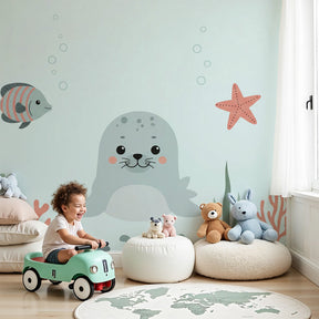 Ocean animals mural wallpaper with cute seal in modern nursery room by Kids-Mundo